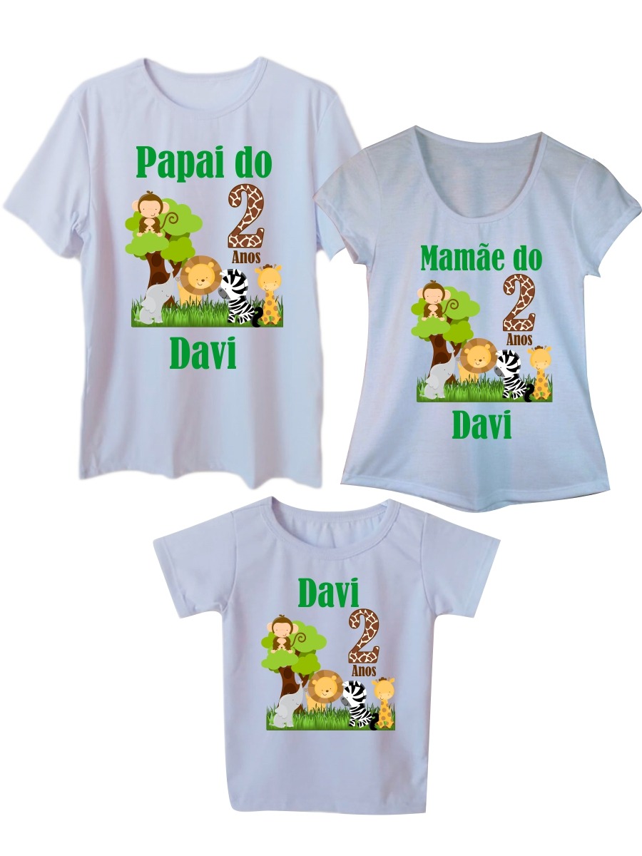 Kit 3 Camisetas Pai, Mãe e Filho Aniversário Safari Personalizados