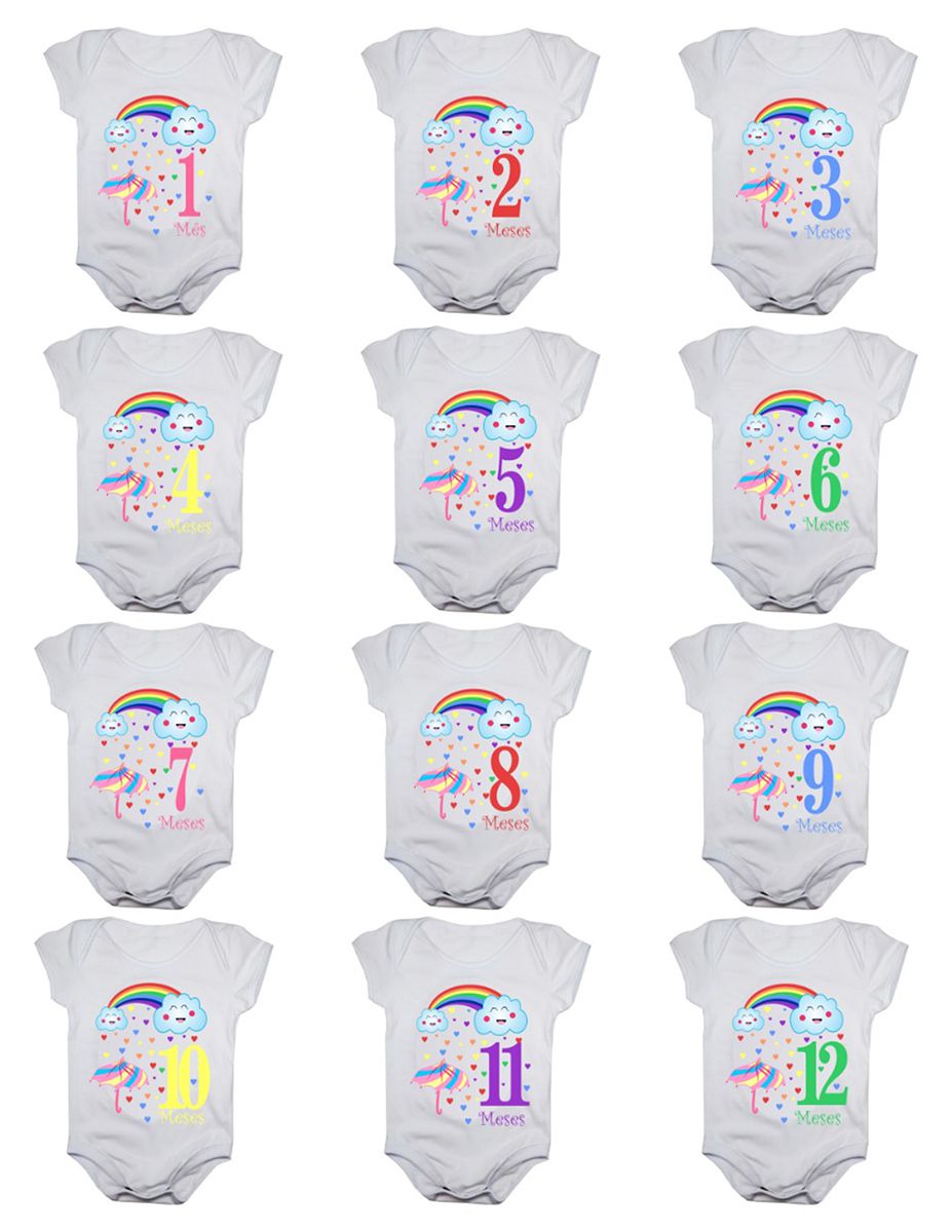 Kit body bebê mesversario manga curta estampa chuva de benção 12 bodies 1 a 12 meses