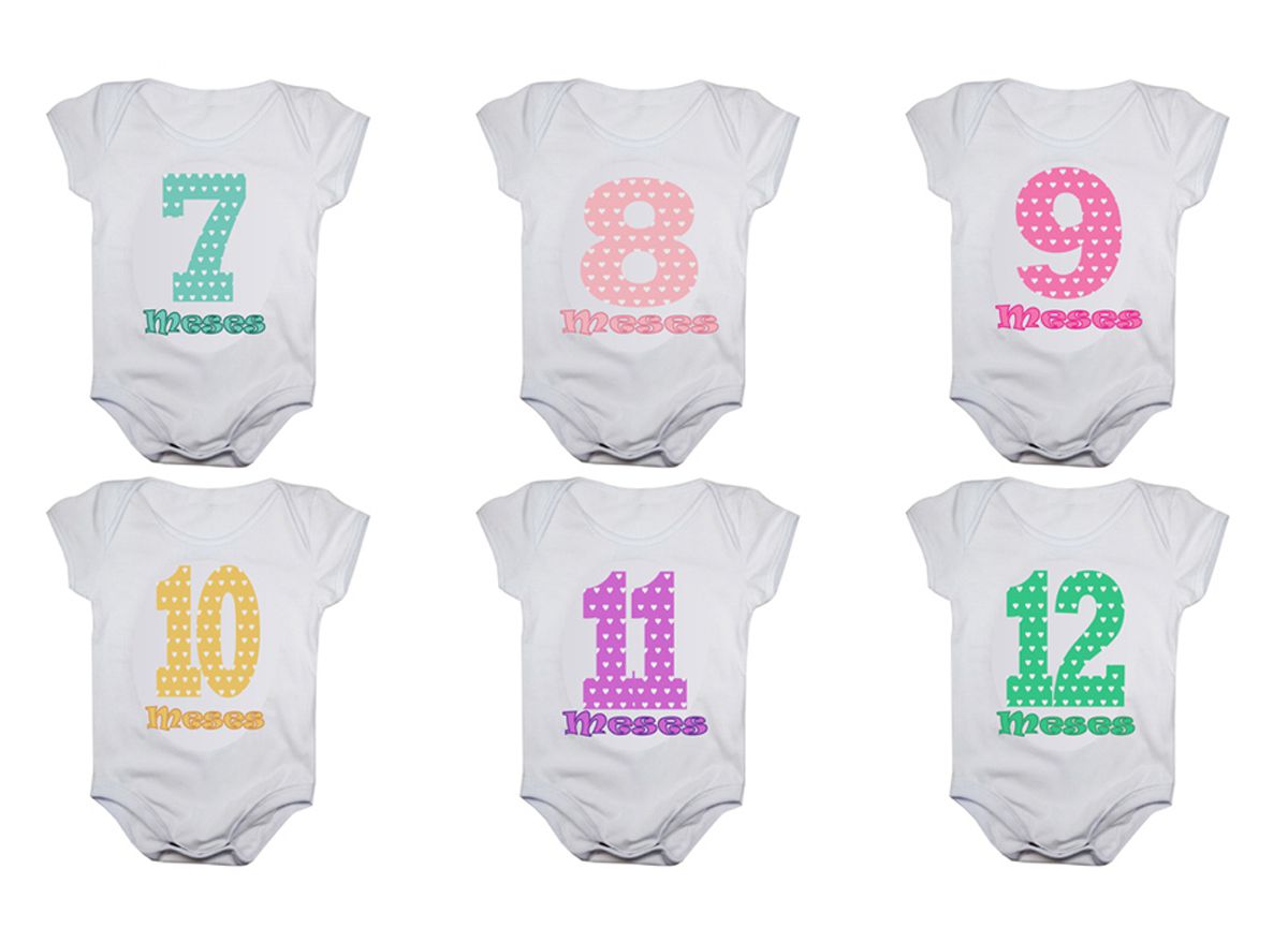 Kit body bebê mesversario manga curta números coloridos 12 bodies 1 a 12 meses