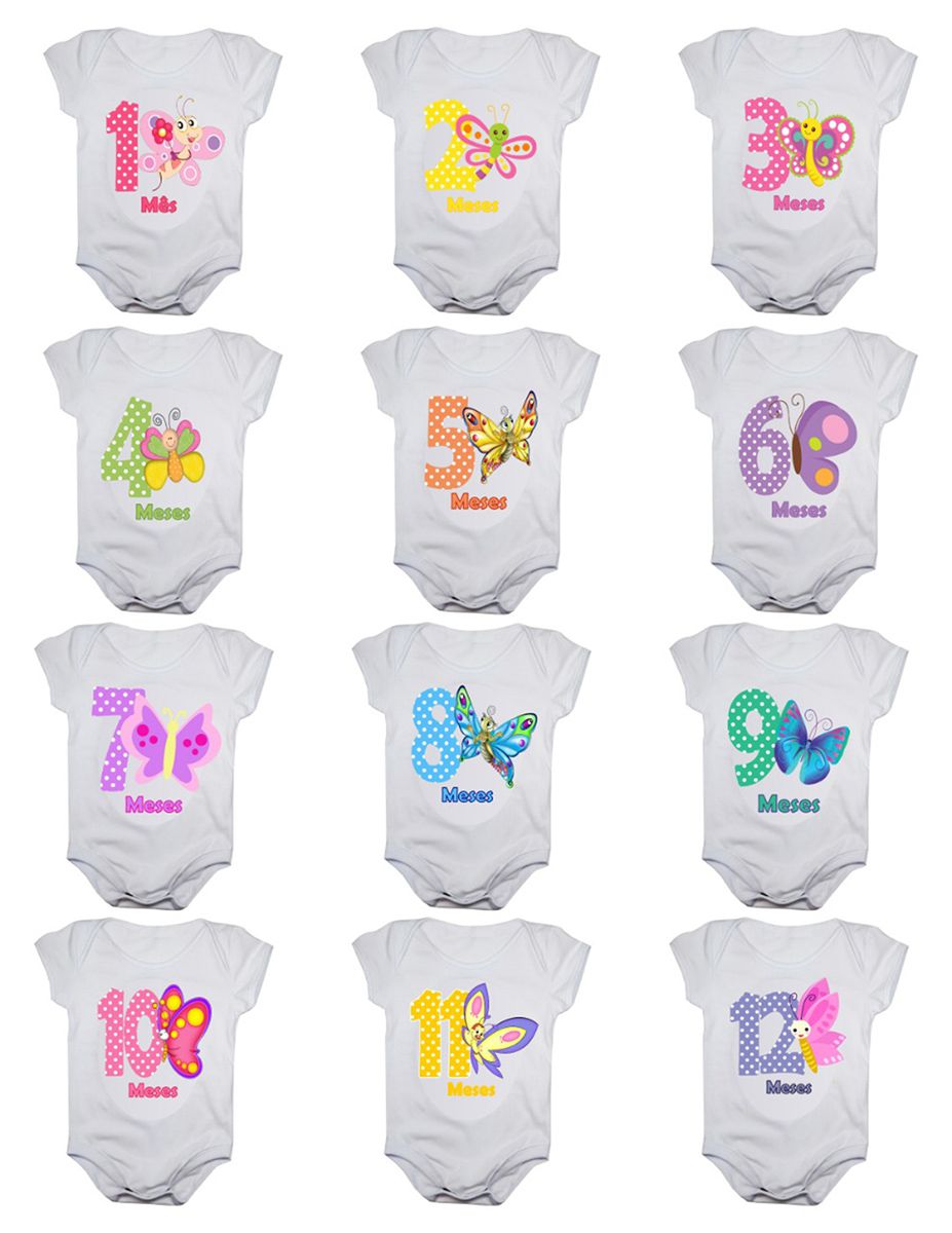 Kit body de bebê mesversario manga curta estampa borboletas 12 bodies 1 a 12 meses