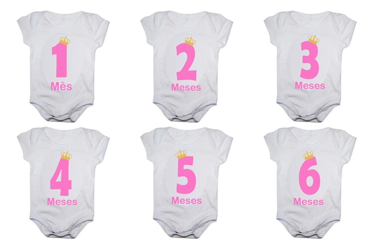 Kit body de bebê mesversario manga curta números rosa 12 bodies 1 a 12 meses