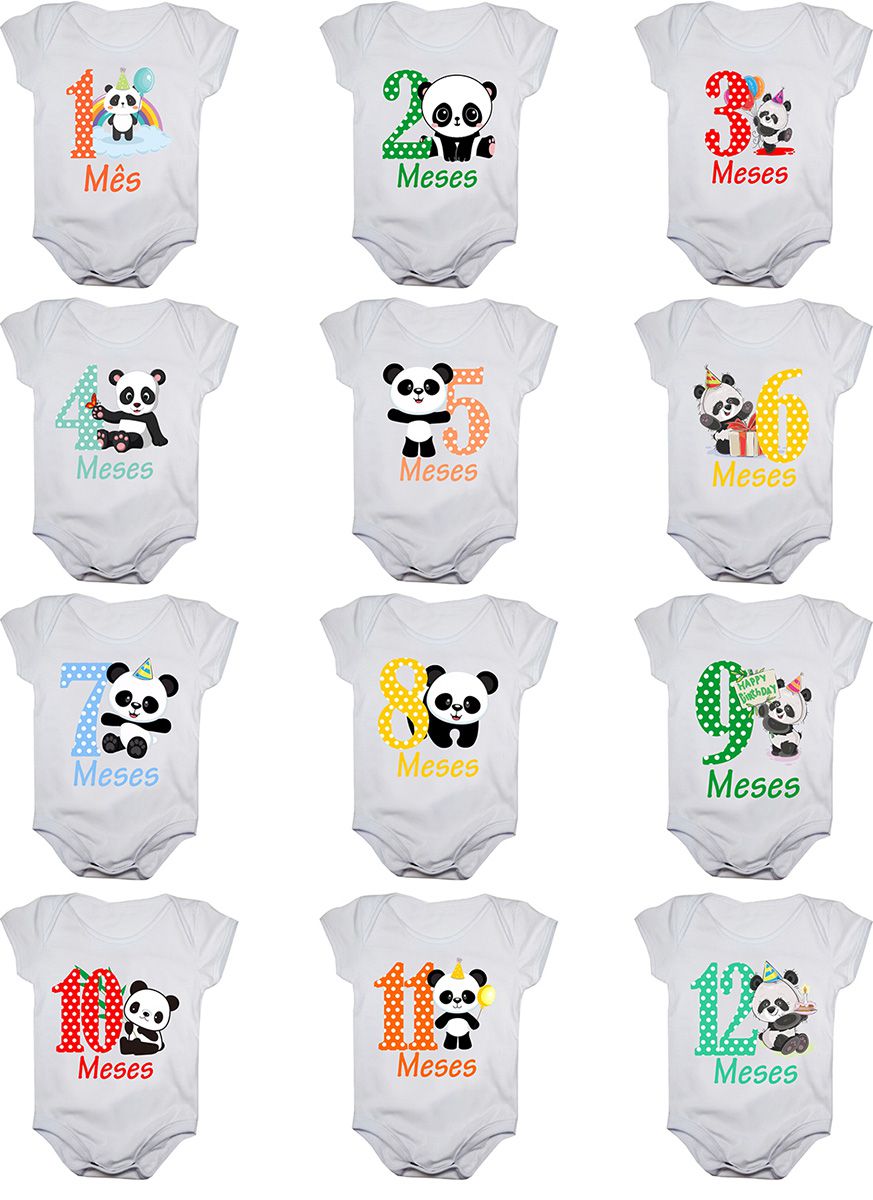 Kit body de bebê mesversario manga curta panda 12 bodies 1 a 12 meses