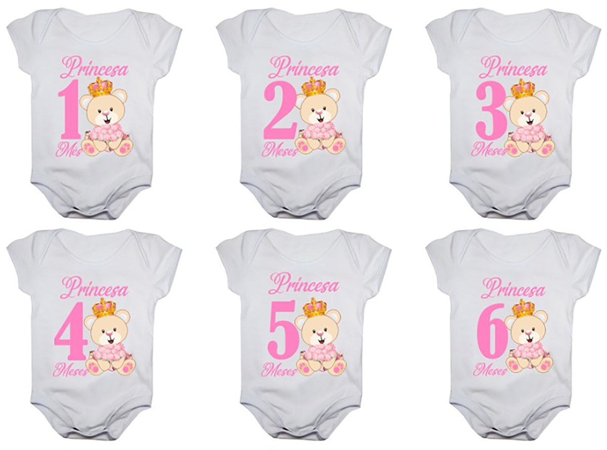 Kit body de bebê mesversario manga curta ursinha princesa 12 bodies 1 a 12 meses