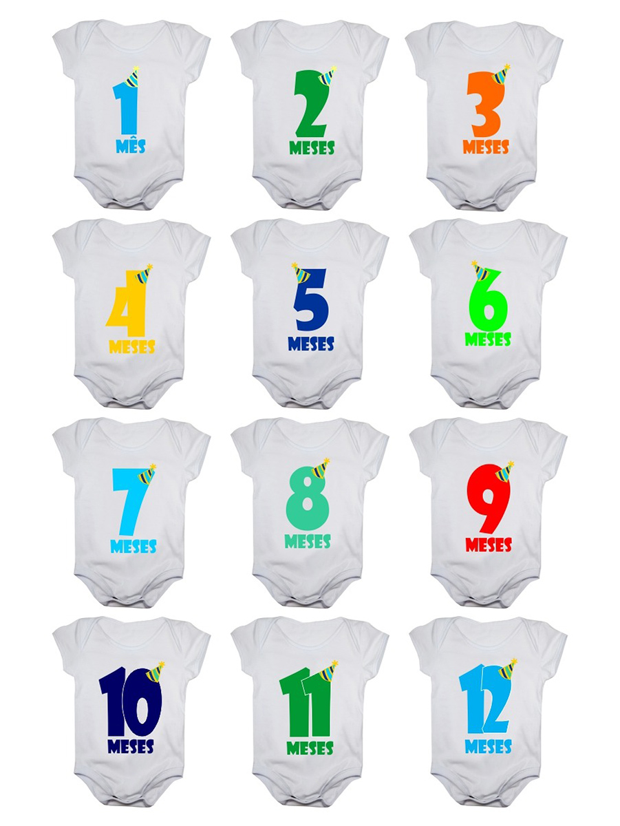 Kit body mesversario manga curta números chapéu 12 bodies de bebê 1 a 12 meses