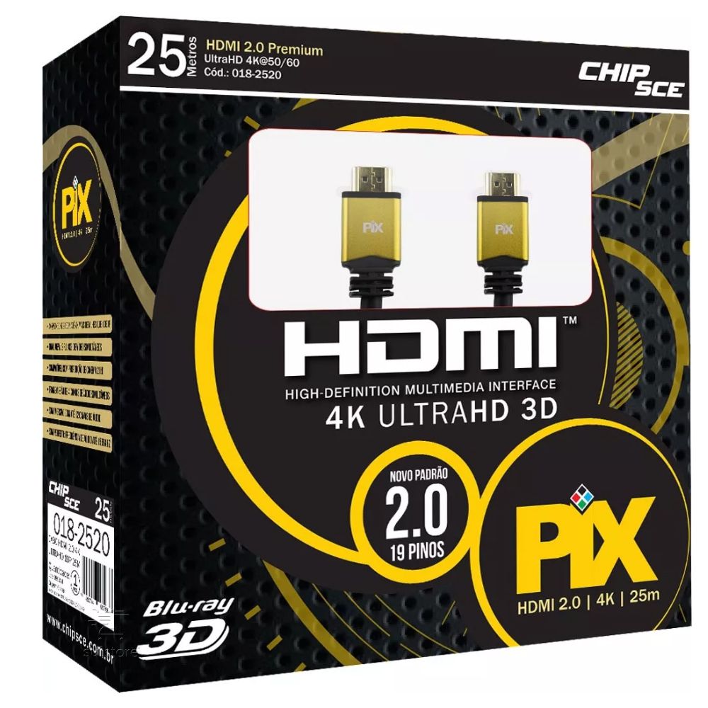 Cabo HDMI 25 Metros 4K Ultra HD 3D HDR 2.0 19 Pinos Com Repetidor PIX Premium 018-2520