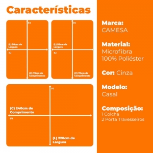 Colcha de Casal Loft Microfibra Cinza 3 peças - Camesa