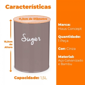 Pote de Açúcar Lata Hermética Canister Cinza Redondo - Haus Concept