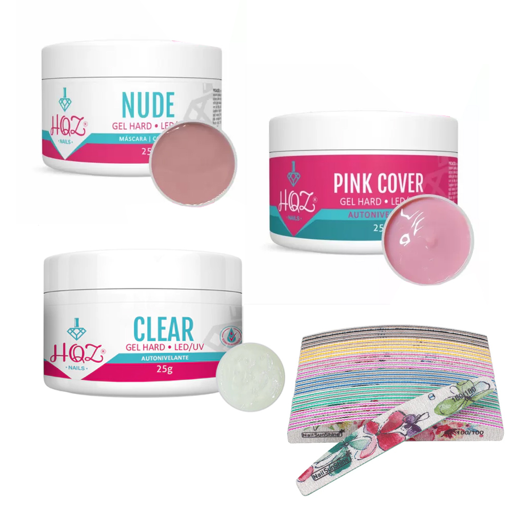 Kit 3 Gel Hard HQZ Nude + Pink Cover + Clear 15g