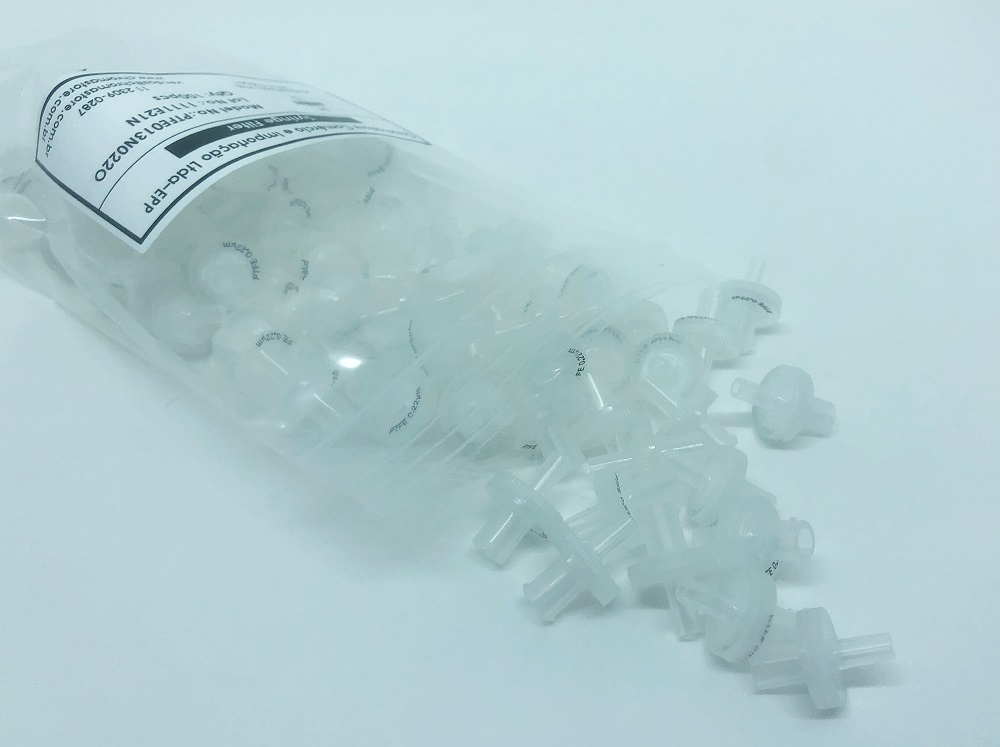 Filtro de seringa PTFE (Teflon) hidrofóbico, 13 e 25 mm diâmetro de membrana, 0,22 e 0,45 um tamanho de poro, pacote com 100 unidades