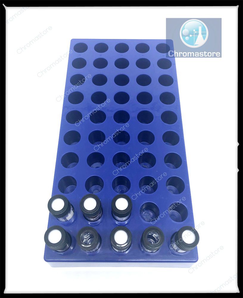 Rack para vials de 4 mL, em polipropileno, azul, 50 posições, vendido por unidade