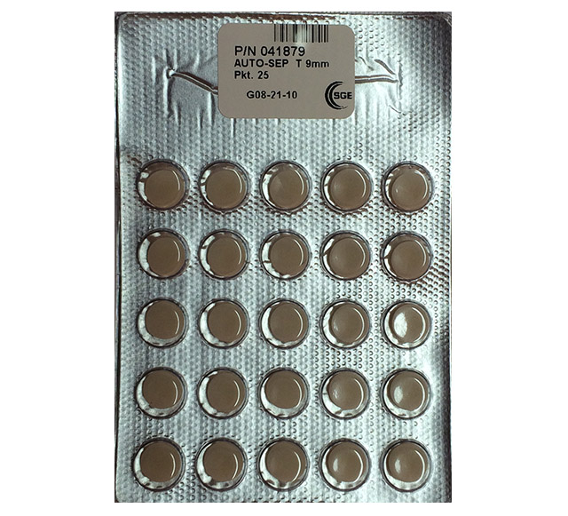Septo de Silicone/PTFE, 9 mm, Auto-Sep T, "low bleed", caixa com 25 unidades