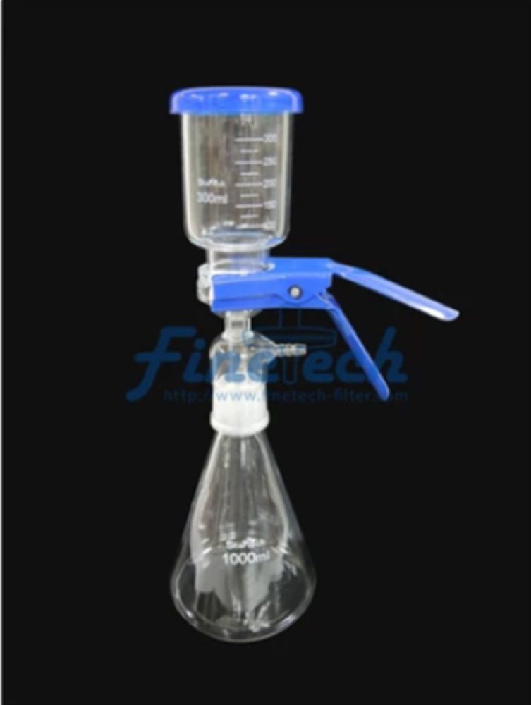 Sistema de filtração em vidro borosilicato, 47 mm, com junta esmerilhada, garra, funil de 300 mL e frasco coletor de 1 L