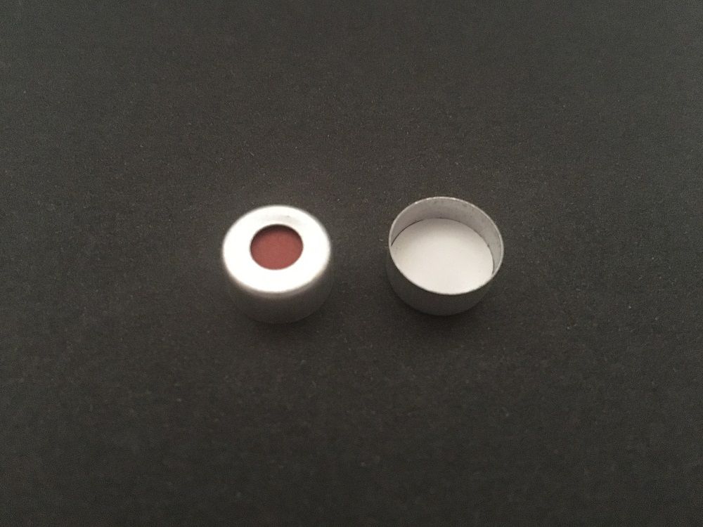 Tampa de alumínio para vial tipo crimp ND11, 11 mm, com septo em silicone/PTFE, vermelho, pacote com 100 unidades (OEM: 5182-0552 / 5181-1210)