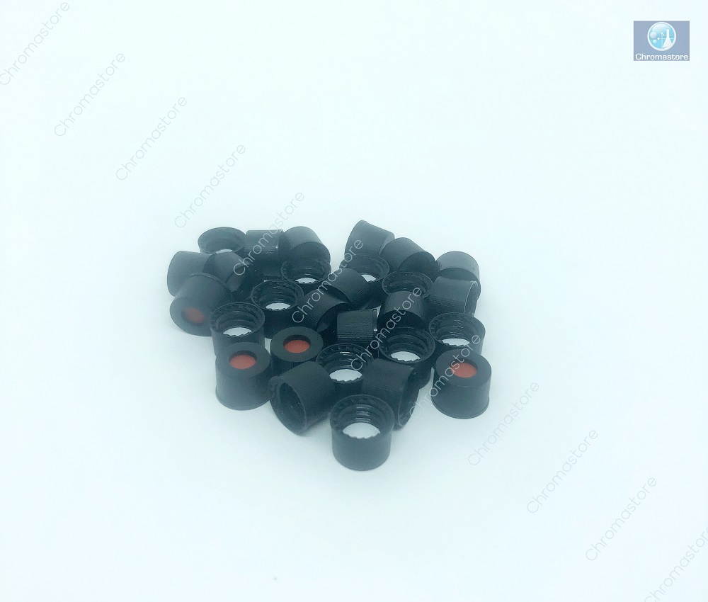 Tampa de rosca para vial ND8, 8-425, preta, com septo de 8 mm, silicone/PTFE, pacote com 100 unidades