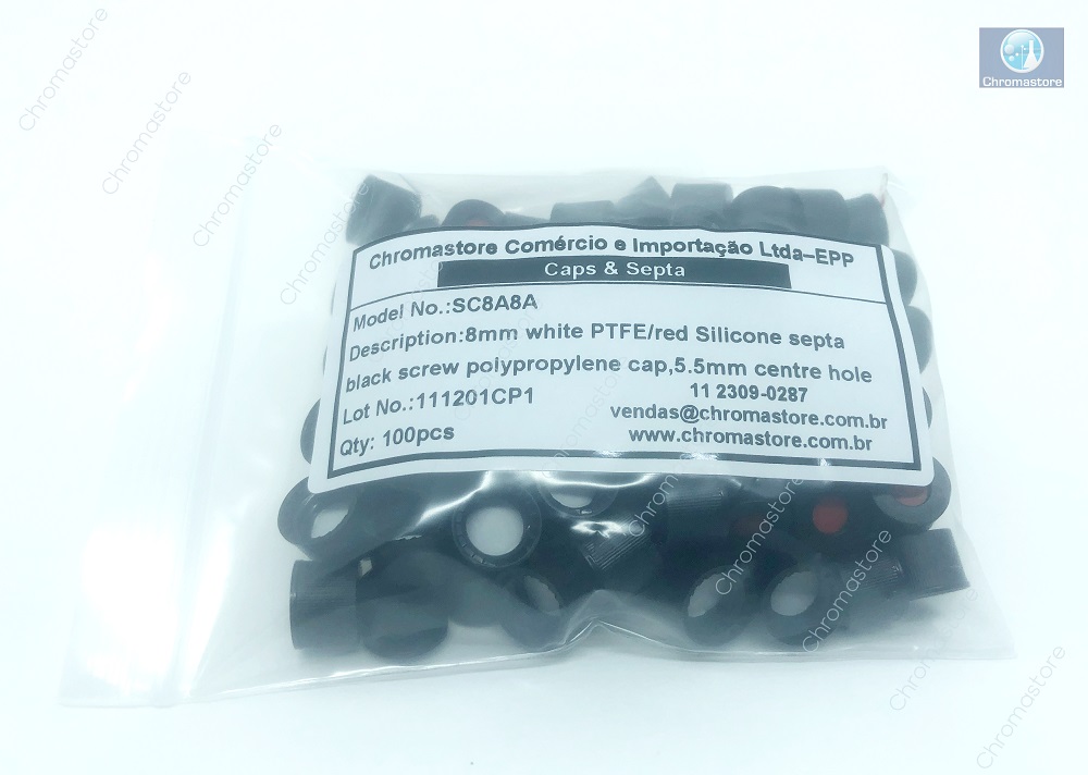 Tampa de rosca para vial ND8, 8-425, preta, com septo de 8 mm, silicone/PTFE, pacote com 100 unidades