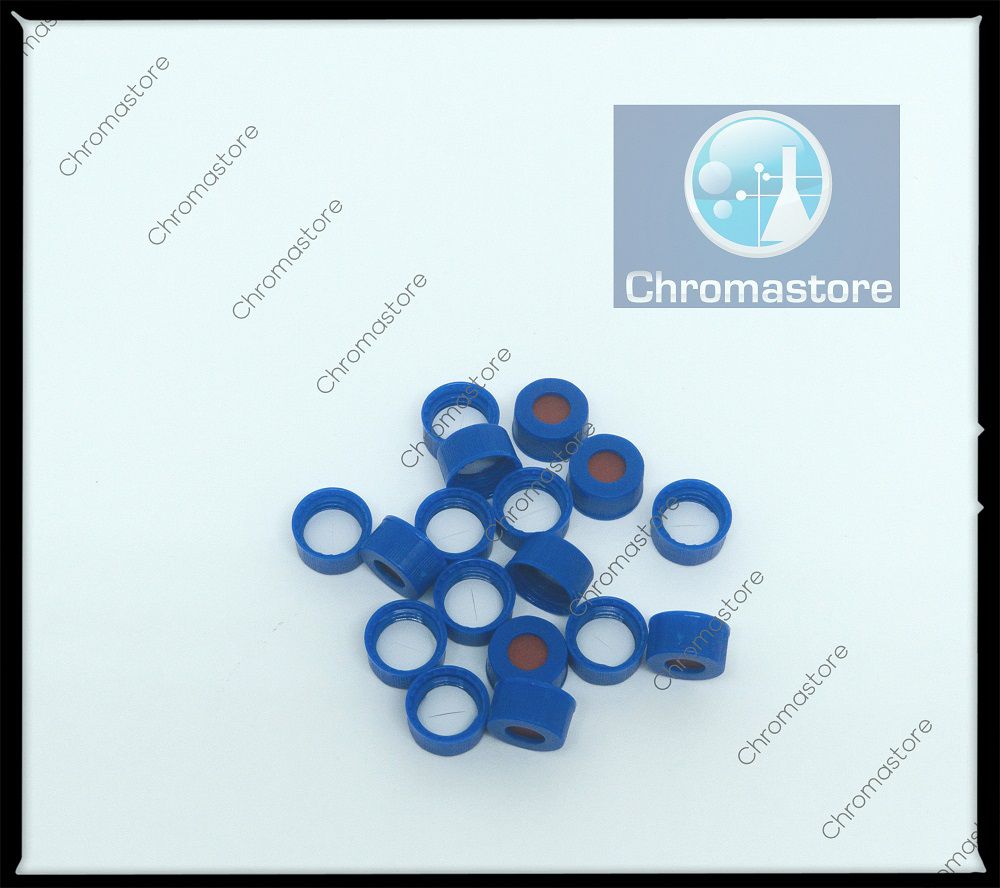 Tampa de rosca para vial ND9, 9-425, 12 x 32 mm, azul, com septo pré-cortado de 9 mm, silicone/PTFE, vermelho, pacote com 100 unidades (OEM: 5183-2076 / 186000305)