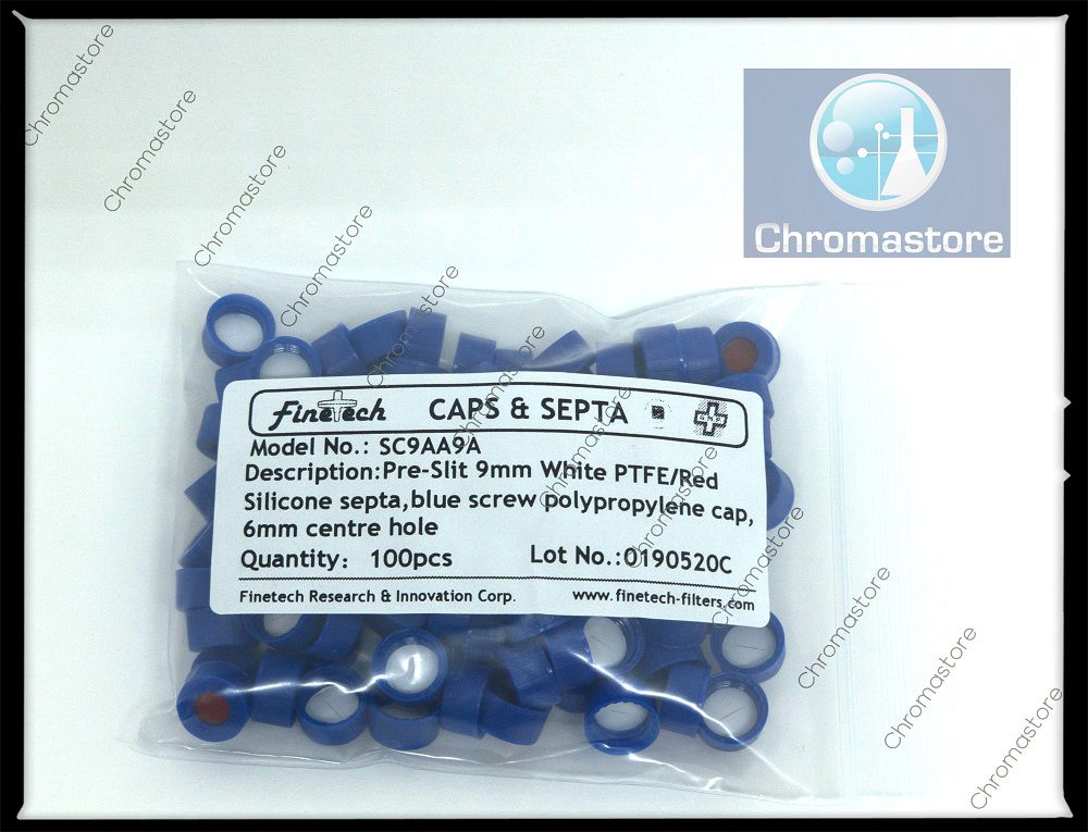 Tampa de rosca para vial ND9, 9-425, 12 x 32 mm, azul, com septo pré-cortado de 9 mm, silicone/PTFE, vermelho, pacote com 100 unidades (OEM: 5183-2076 / 186000305)