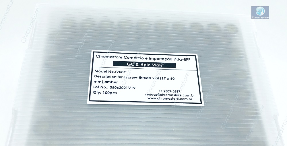 Vial para estocagem de amostra / VOA, âmbar, 8 mL, para uso com tampa de rosca, 17 x 60 mm, caixa com 100 unidades