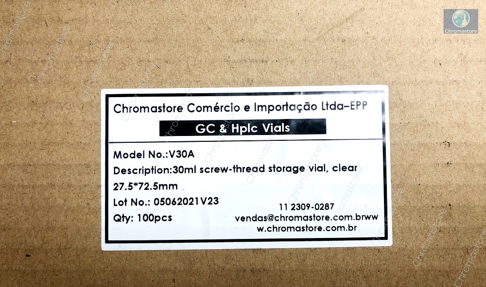 Vial para estocagem de amostra / VOA, transparente, 30 mL, para uso com tampa de rosca, 27,5 x 72,5 mm, caixa com 100 unidades