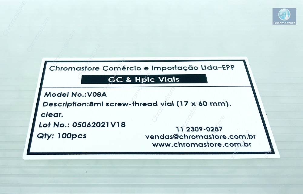 Vial para estocagem de amostra / VOA, transparente, 8 mL, para uso com tampa de rosca, 17 x 60 mm, caixa com 100 unidades
