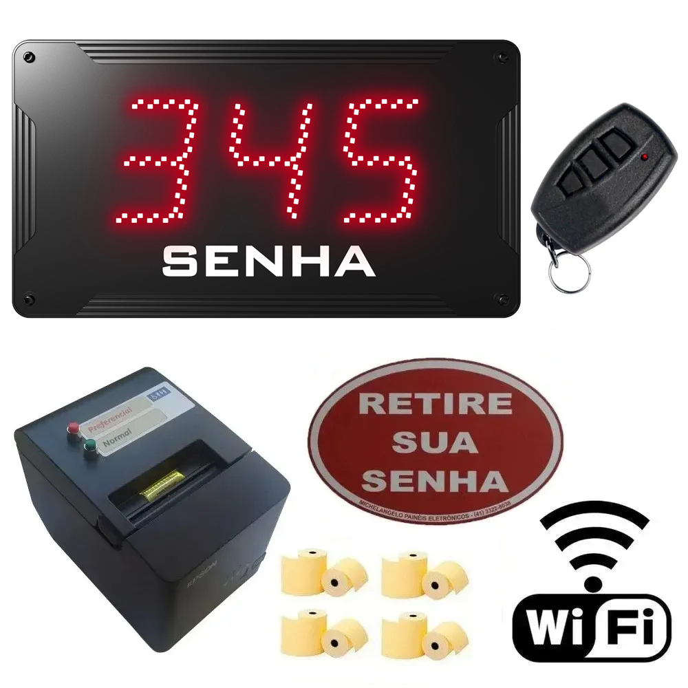 Kit Fila Fácil II Wi-Fi - Painel de Senha + Impressora de Senhas Wi-Fi + Acessórios