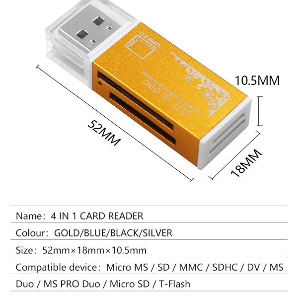 Kit 2x Leitor de Cartão de Memória Universal USB Smart 4 em 1 SDHC SDXC MMC/RS MMC MICRO SD/TF MS/MS PRO/MS DUO M2 DV e Função Pen Drive