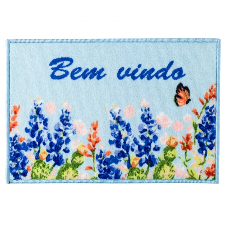 Tapete Retangular Bem Vindo Flores Azul Bebê 60cm x 40cm - Antiderrapante