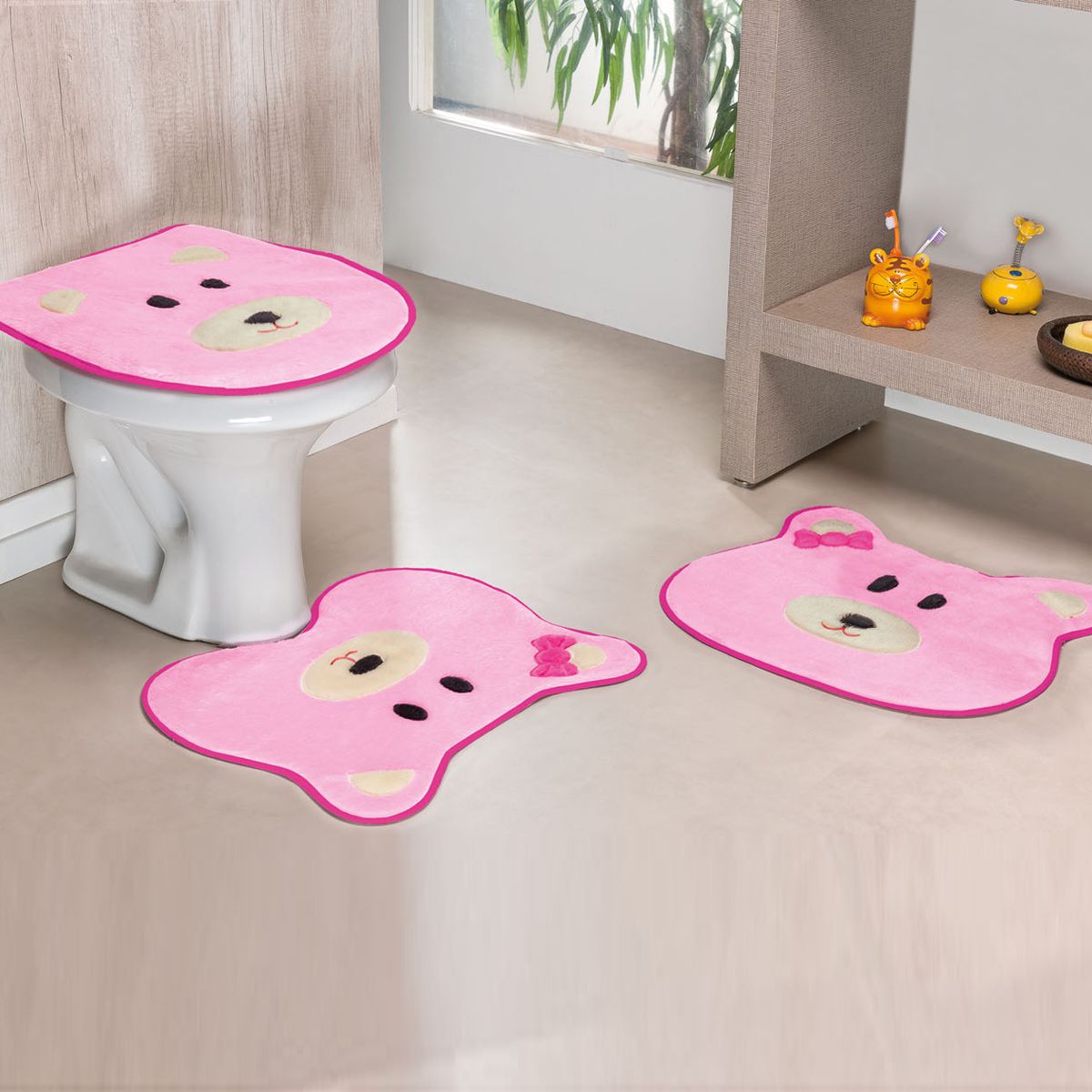 Jogo de Banheiro Premium Formato Ursa Rosa 03 Peças