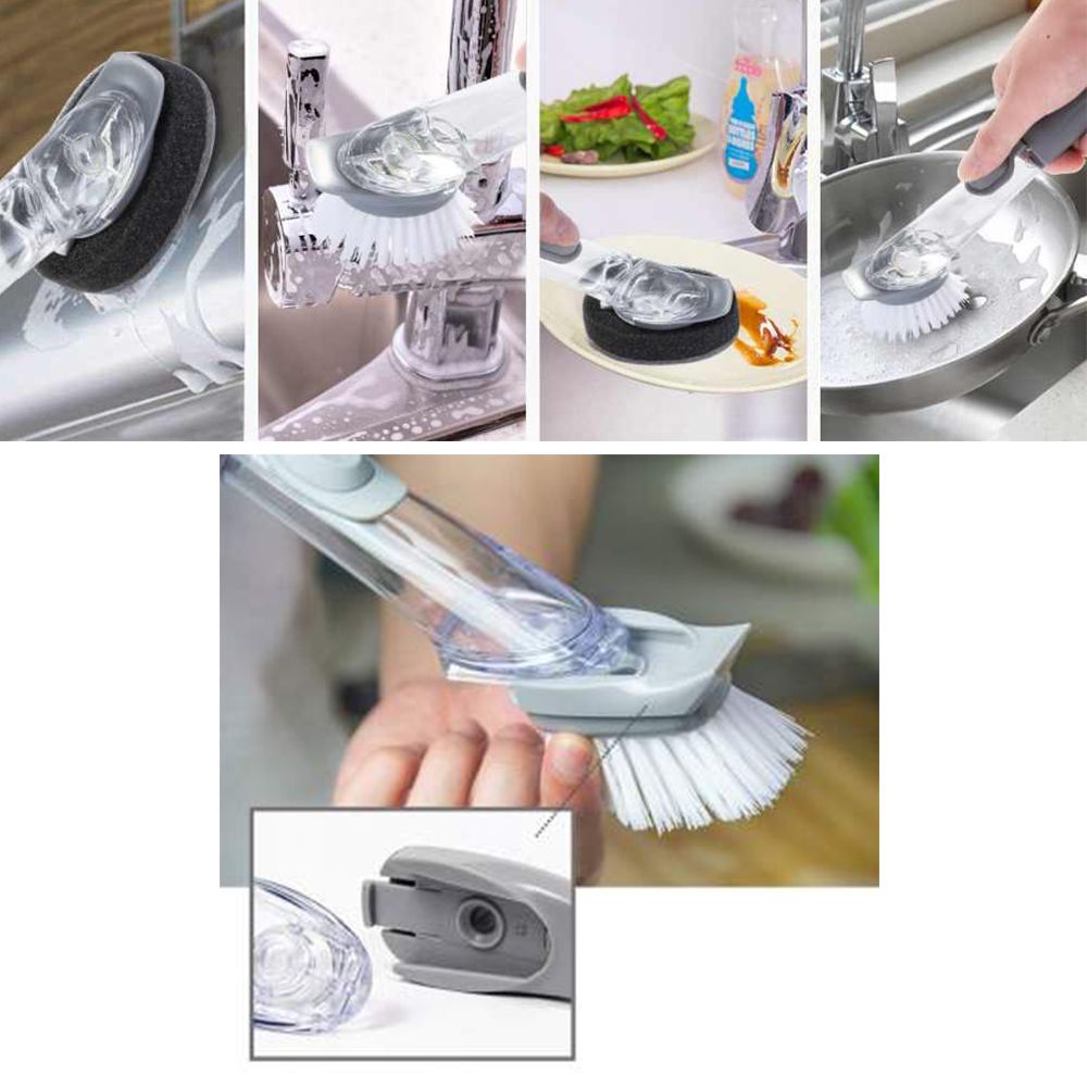 Escova Limpeza 2 em 1 Dispenser Detergente Esponja Cozinha Lava Louça