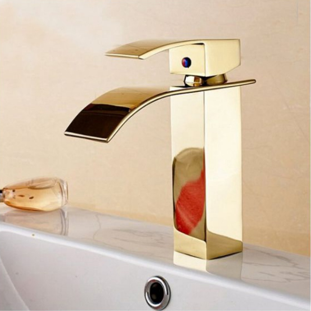 Torneira Cascata Dourada Inox Monocomando Banheiro Bancada Lavabo Mesa Misturador Agua Quente Fria