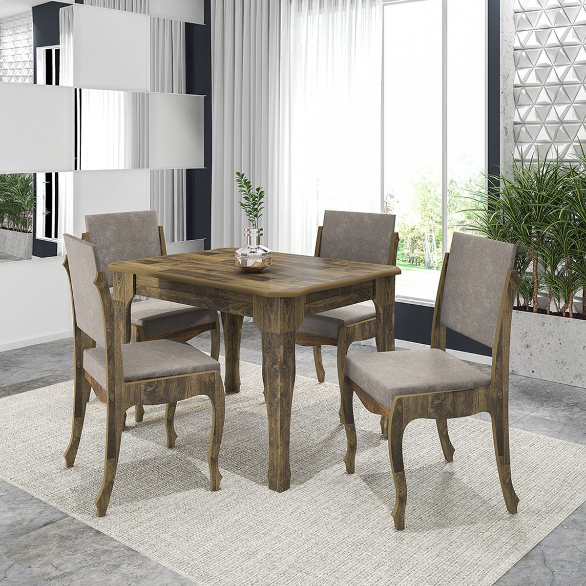 Mesa de Jantar com 4 Cadeiras Onix Amadeirado com Pena Caramelo - RV Móveis