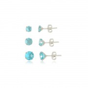 Brinco Redondo de Zircônias Azul Cristal Kit 3 Tamanhos Em Prata 925