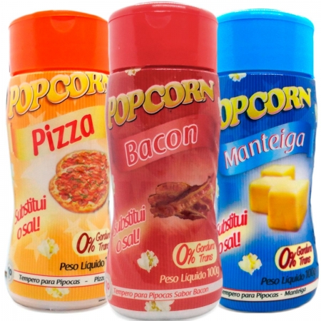 Combo 3 Tempero para Pipoca Popcorn Sabores Manteiga, Pizza e Bacon