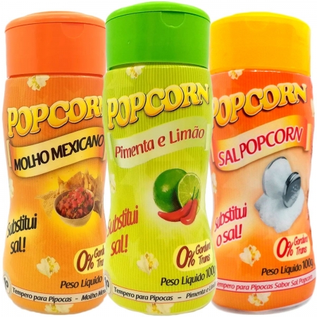 Combo 3 Temperos para Pipoca Popcorn Sabor - Pimenta e Limão, Molho Mexicano e Sal Popcorn Original