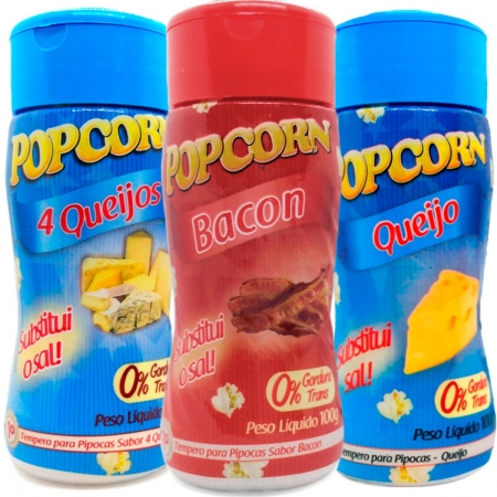 Combo 3 Temperos Para Pipoca Popcorn Sabores - 4 Queijos, Bacon e Queijo