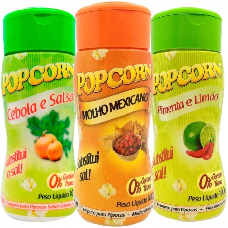 Combo 3 Temperos Para Pipoca Popcorn Sabores - Cebola e Salsa, Molho Mexicano e Pimenta e Limão