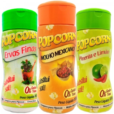 Combo 3 Temperos Para Pipoca Popcorn Sabores - Ervas Finas, Molho Mexicano e Pimenta e Limão