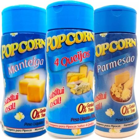 Combo 3 Temperos Para Pipoca Popcorn Sabores Manteiga, 4 Queijos e Parmesão