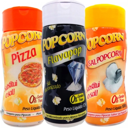 Combo 3 Temperos Para Pipoca Popcorn Sabores - Pizza, Flavapop Manteiga e Sal Popcorn