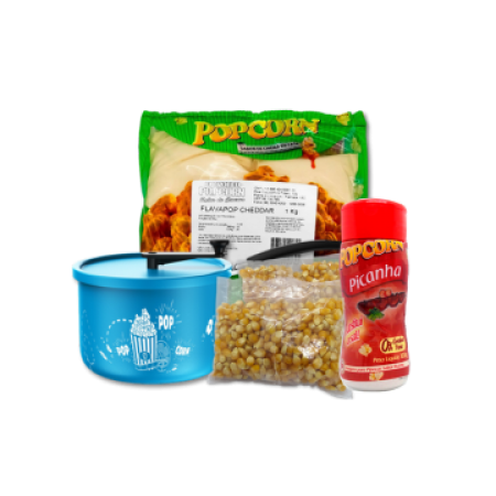 Combo Popcorn  Popoqueira + Milho 200g + Tempero 100g sabor Picanha + Flavapop Cheddar