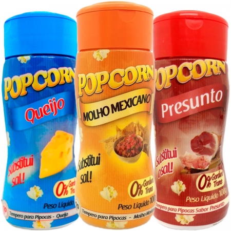Combo Tempero Para Pipoca Popcorn 3 Sabores - Queijo, Presunto e Molho Mexicano