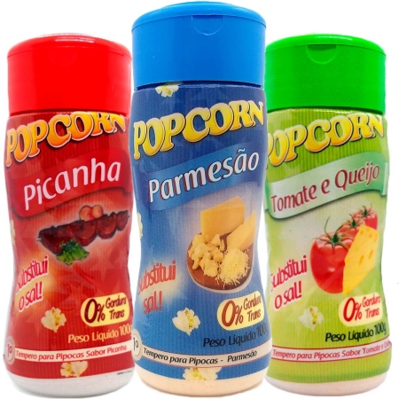 Kit 3 Temperos Para Pipoca Popcorn Sabor Parmesão, Picanha, Tomate e Queijo