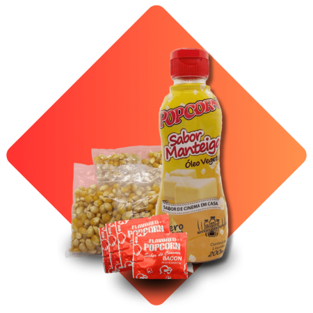 Kit Milho de Pipoca Popcorn Premium 200g + Óleo Popcorn Sabor Manteiga + 05 Sachê de Bacon