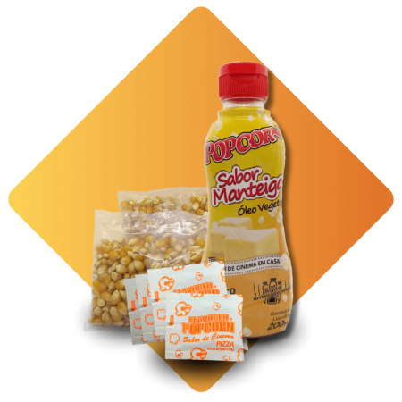 Popcorn Premium 200g milho + Óleo Popcorn sabor Manteiga + 05 Sachê de Pizza