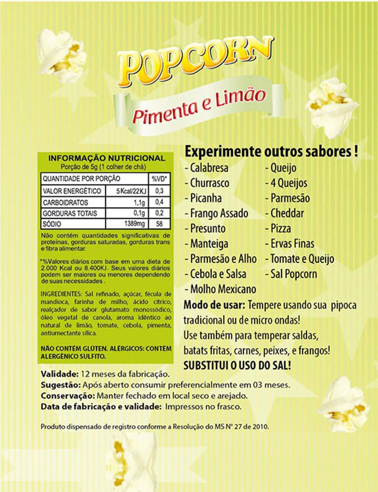Combo 3 Temperos para Pipoca Popcorn Sabor - Pimenta e Limão, Molho Mexicano e Sal Popcorn Original