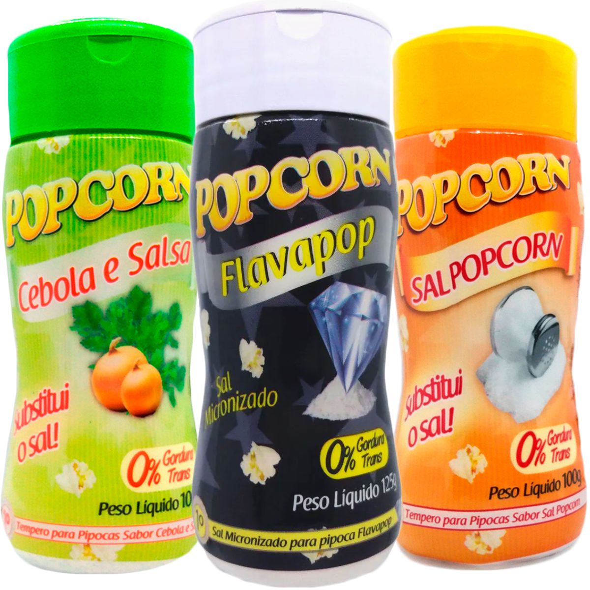 Combo 3 Temperos Para Pipoca Popcorn Sabores - Cebola e Salsa, Flavapop Manteiga e Sal Popcorn