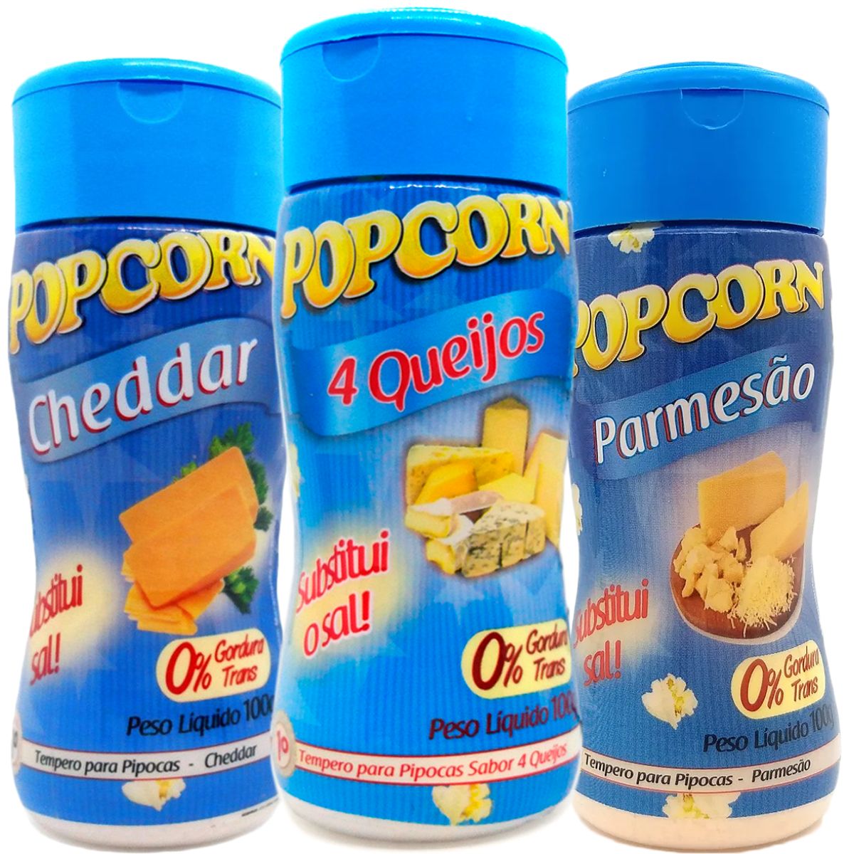 Combo 3 Temperos Para Pipoca Popcorn Sabores - Cheddar, 4 Queijos e Parmesão