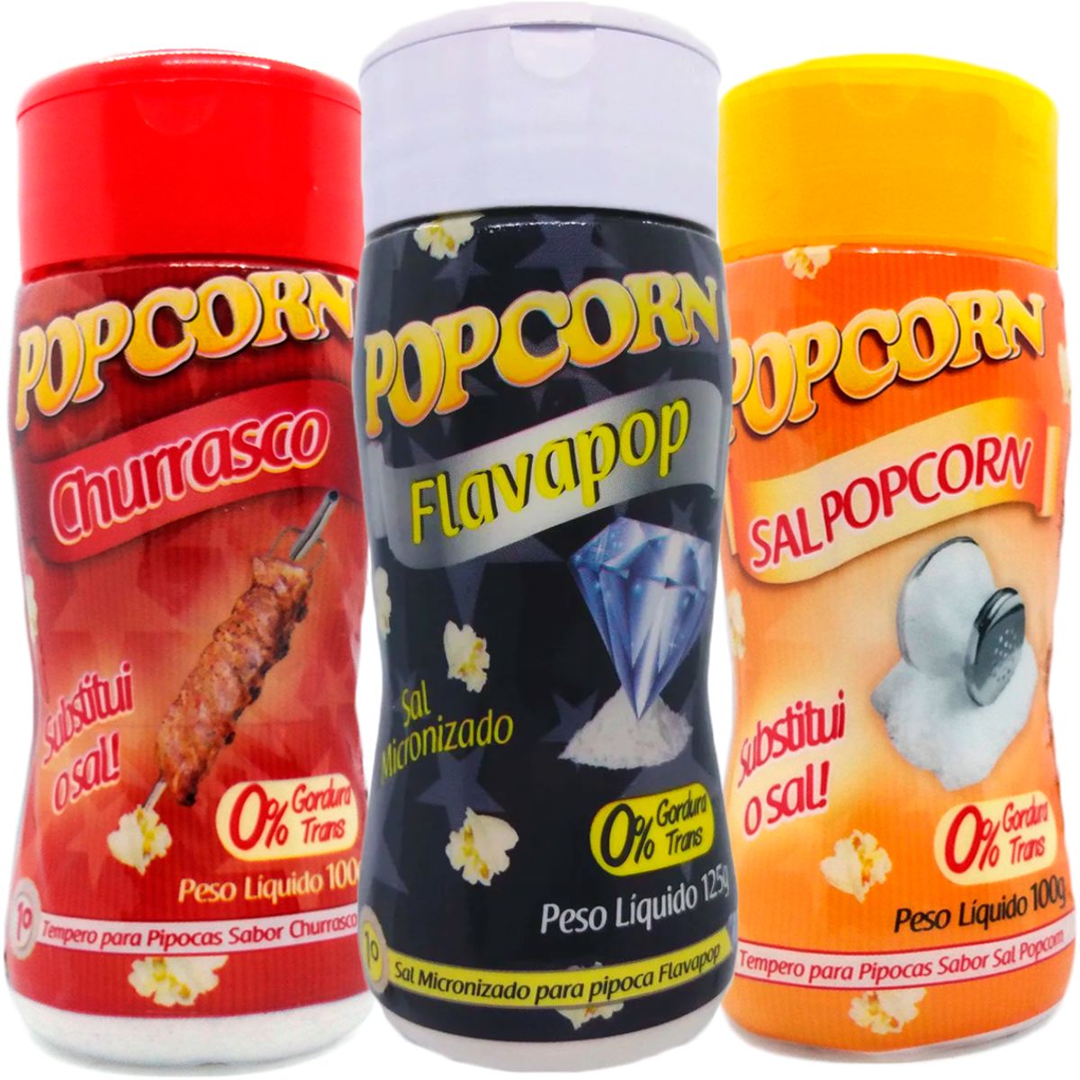 Combo 3 Temperos Para Pipoca Popcorn Sabores - Churrasco, Flavapop Manteiga e Sal Popcorn