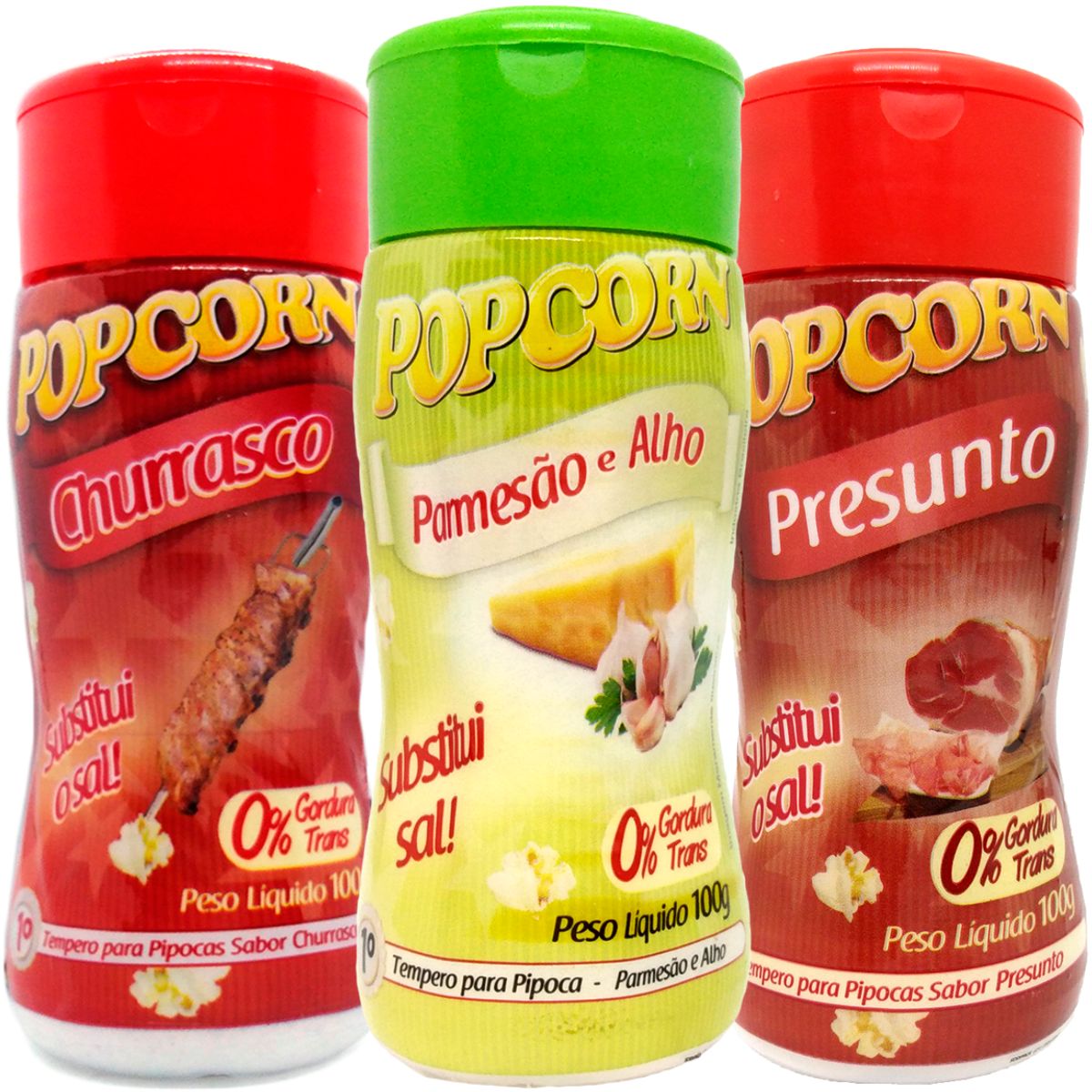 Combo 3 Temperos Para Pipoca Popcorn Sabores - Churrasco, Parmesão e Alho e Presunto