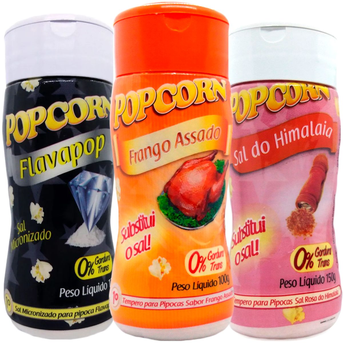Combo 3 Temperos Para Pipoca Popcorn Sabores - Frango Assado, Sal do Himalaia e Flavapop Manteiga